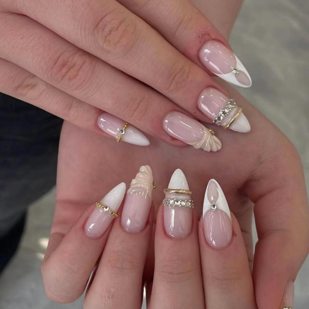 Medium Almond Pink 3D Twist French Tips Rhinestone Press On Nails