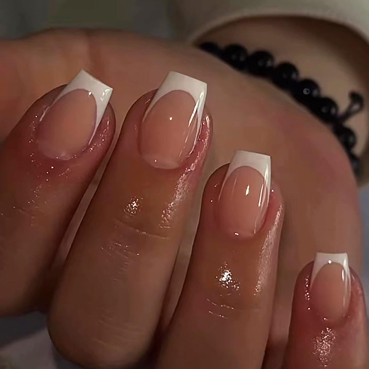 French Tip Press on Nails Glitter Petite Short Square Fake Nails Pink Nude Glossy Design Sparkly False Nails Glue on Nails with Full Cover Acrylic Stick for Women Girls Nail Decorations 24Pcs