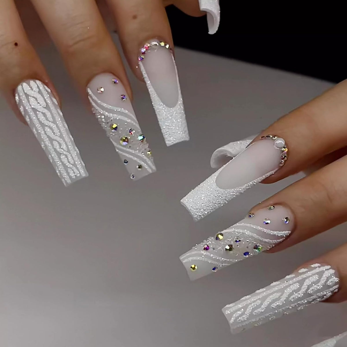 MISUD Press on Nails - Long Square Glue on Nails with White Bridal, Acrylic Wedding Bride Design 24 pcs