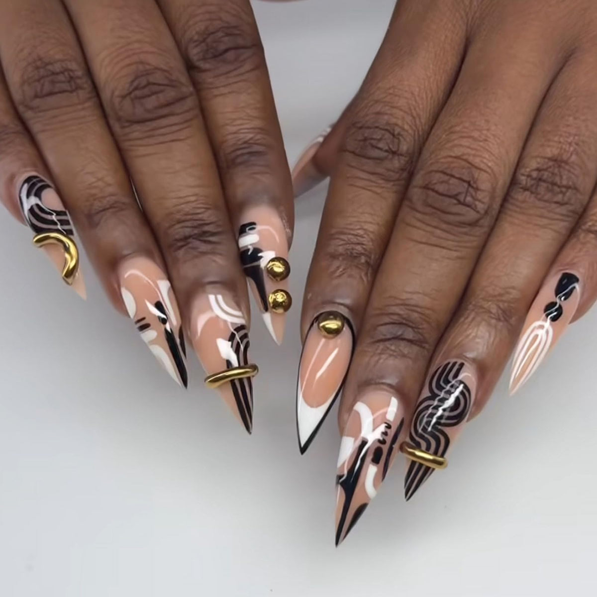3D Gold Press on Nails Long Stiletto Fake Nails Glossy Nude Blue Full Cover