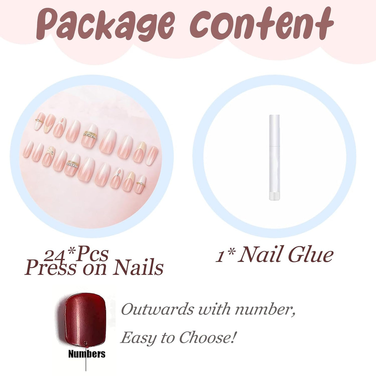 BABALAL Press On Nails - Medium Almond Fake Nails, Pink White Gradient, Rhinestone Gold Bangle, Glossy Coquette Wedding Bridal Glue On Nails 24Pcs