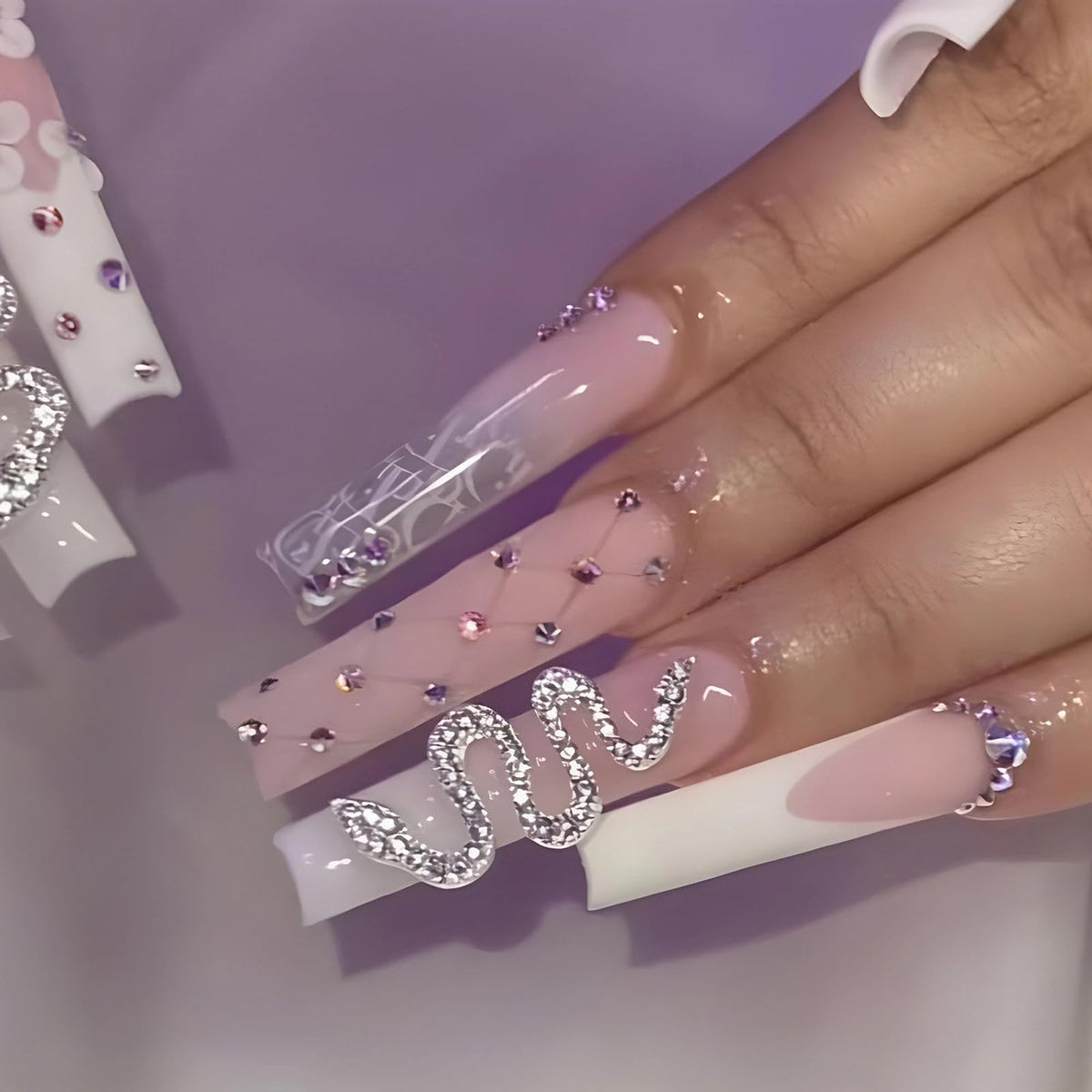 MISUD Press on Nails - Long Square Glue on Nails with White Bridal, Acrylic Wedding Bride Design 24 pcs