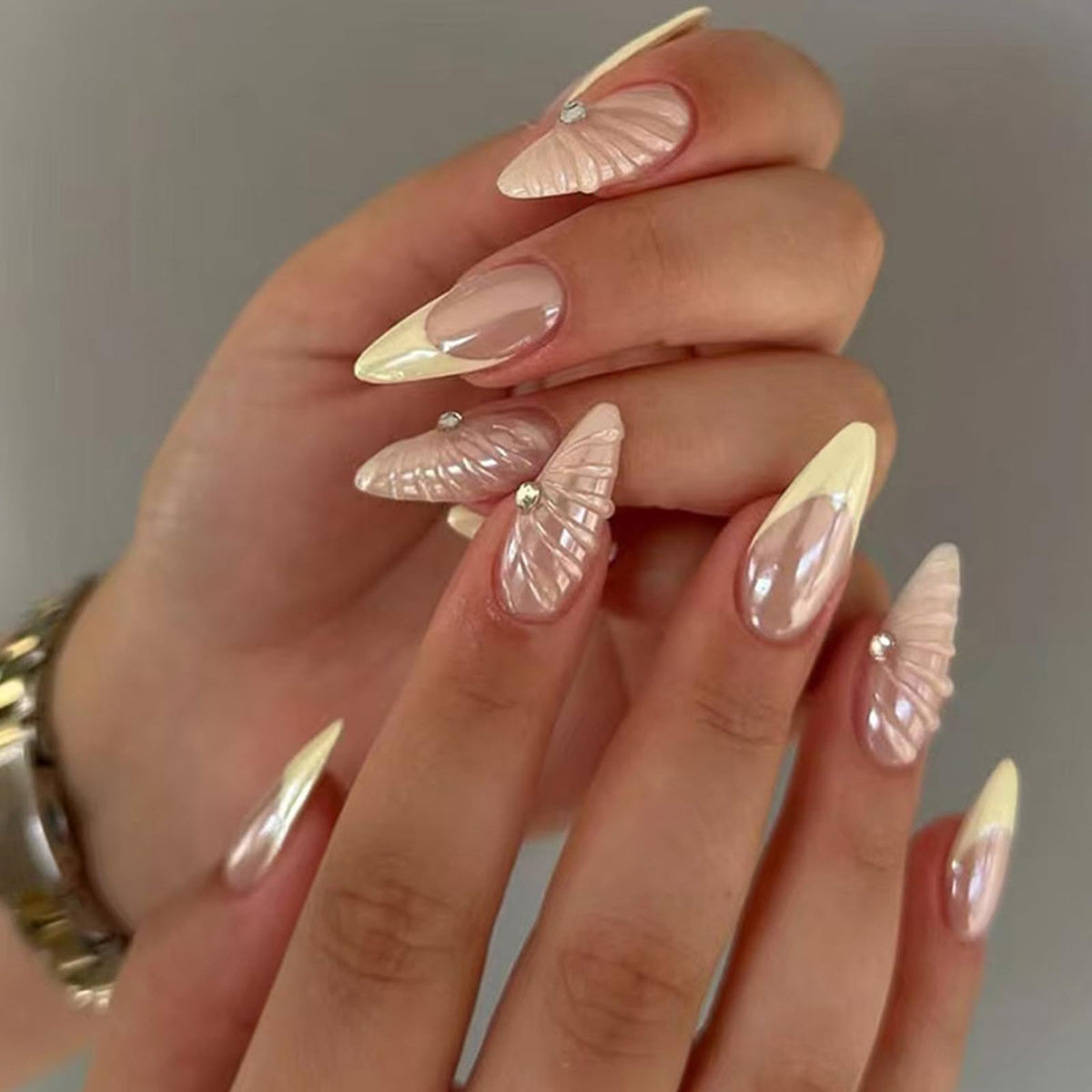 IMRAIN Medium Almond Silver Glitter French Tips False Nails with Rhinestone Designs - Glossy Full Cover Glue on Artificial Stiletto Nude Nails for Women Girls - 24 Pcs