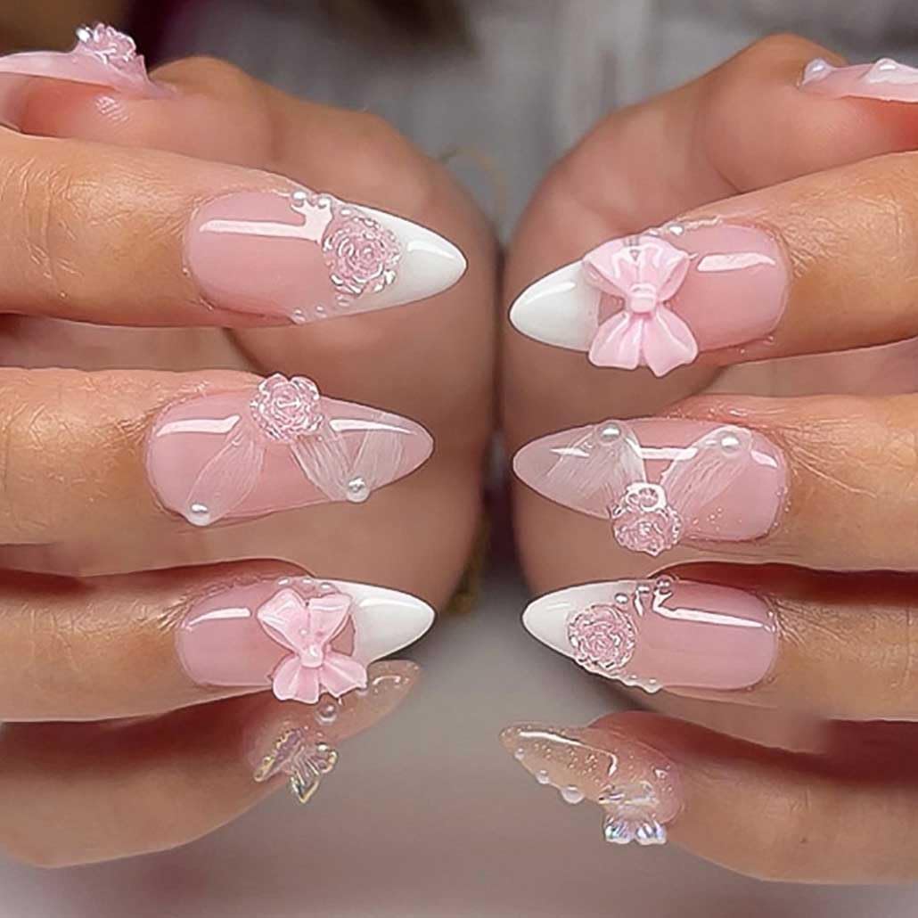 Foccna Press on Nails Almond Fake Nails with Gold Line Design Glue on Nails Acrylic Nails Glossy Full Cover Stick on Nails for Women 24Pcs