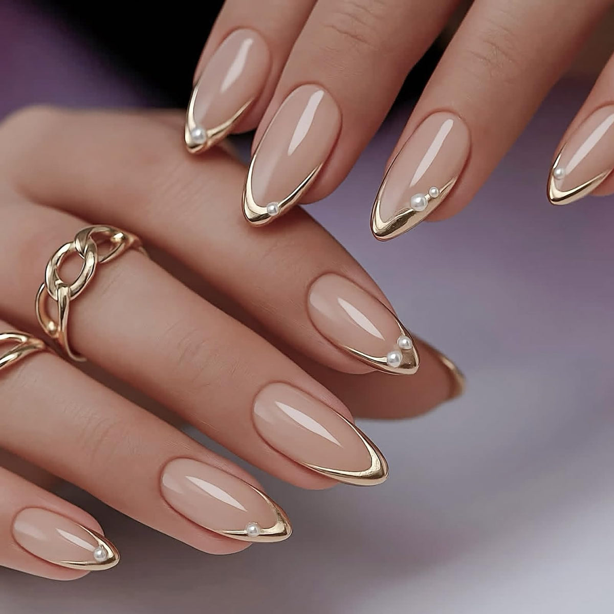 Almond Press on Nails Medium, Handmade White French Tip 3D Nude Fake Nails with Pearl Flower Leaf, Reusable Acrylic Stick On Nails for Women Wedding Bridal Party 24Pcs