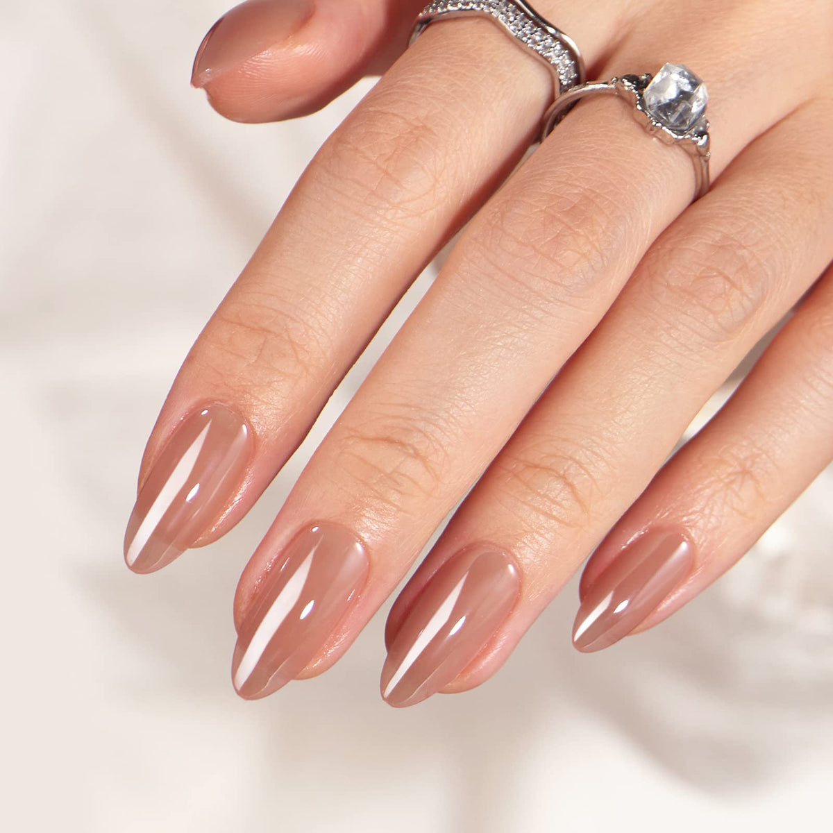BTArtbox Press On Nails, Short Almond French Tip Nails, 32 Pcs Full Kit