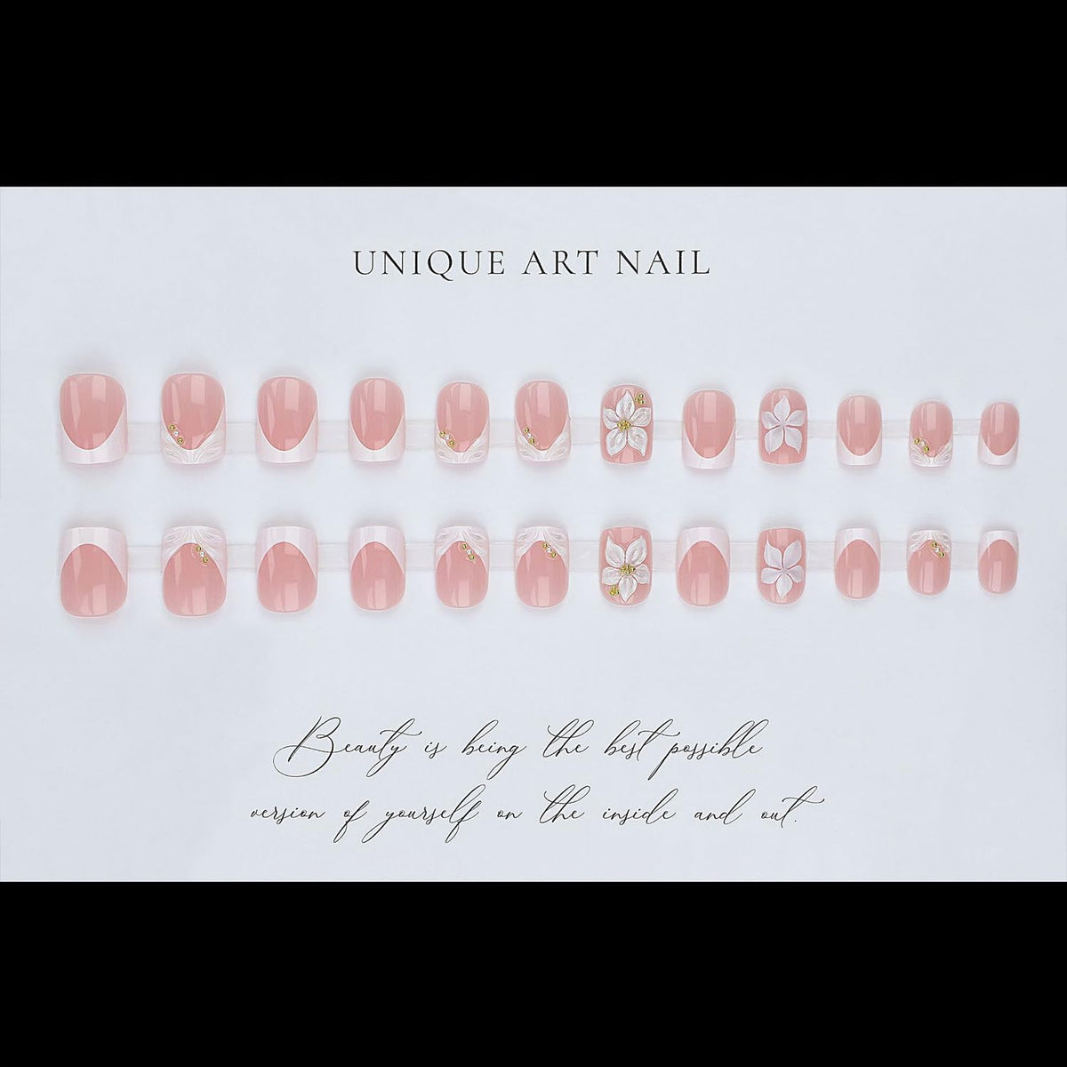 Short Square Press on Nails Flower White French Tip Fake Nails with 3D Floral Gold Bead Designs Glossy Reusable Full Cover Stick on False Nail Set for Women 24 Pcs