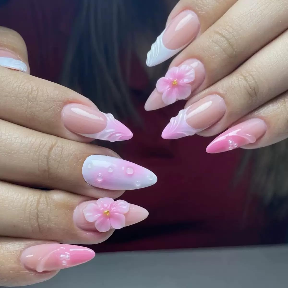 Almond Press on Nails Medium - Fall Fake Nails with Gold Line Design - White Full Cover Stick on False Nails - for Women 24 Pcs
