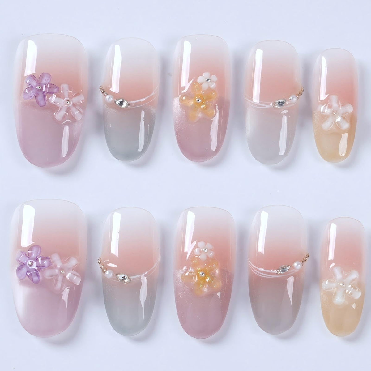Baroque Gold Charm Press on Nails, Pink Blue Luxury Long Stiletto
