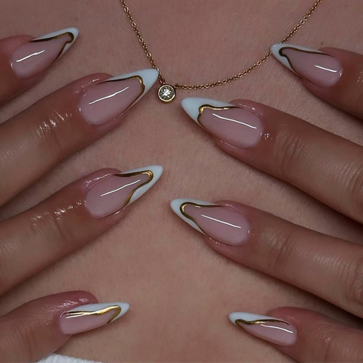Silver Glitter Press on Nails French Tip Fake Nails Medium Almond False Nail with Rhinestone Design Nude Glossy Artificial Acrylic Full Cover Diamond Glue on Nail for Women Christmas Manicure 24Pcs