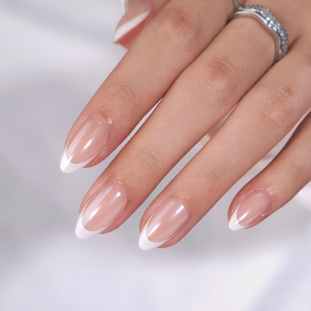 BTArtbox Press On Nails, Short Almond French Tip Nails, 32Pcs Full Kit