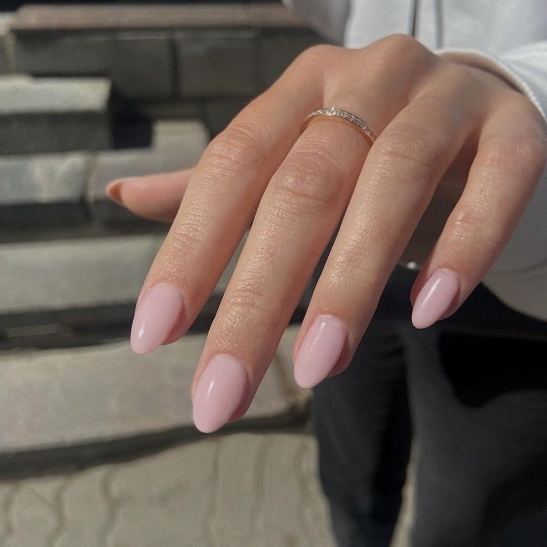 KQueenest Pastel Light Pink Press on Nails Short Oval, Glossy Soft Gel Fake Nails Press on, Round Fake Nails with UV Cover, Thick Acrylic Glue on Nails for Wome Wedding & Everyday 30 Pcs