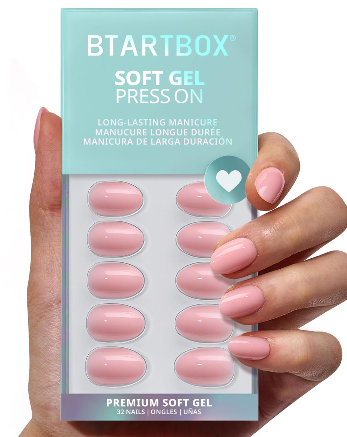 BTArtbox Press On Nails, Extra Short Almond Baby Pink Nails, 32Pcs Full Kit