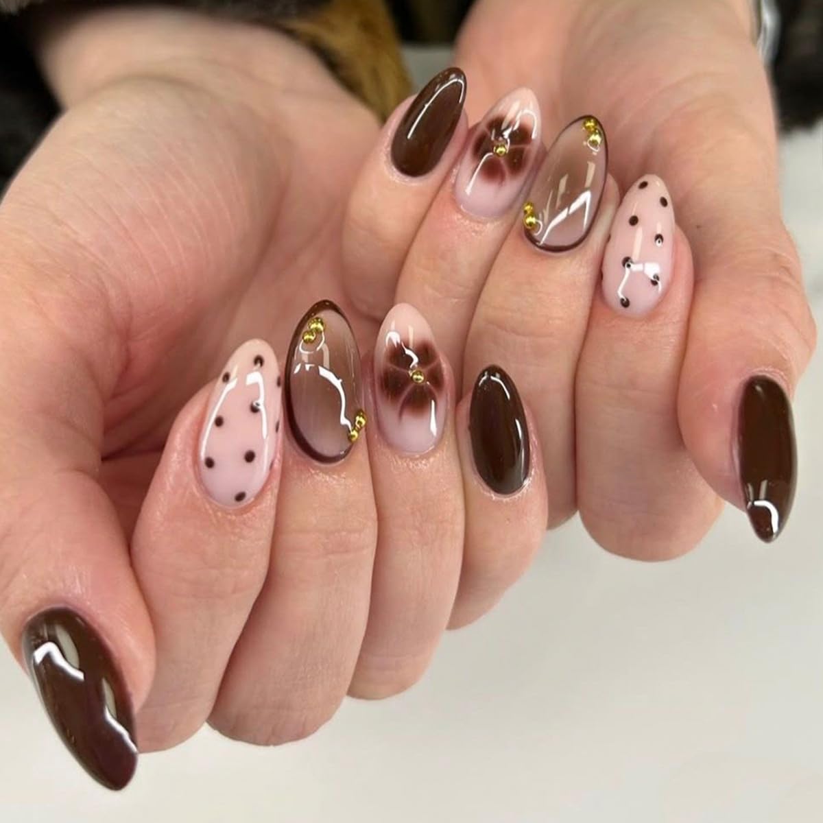 Medium Almond Press on Nails - White French Tip with 3D Flower Rhinestones