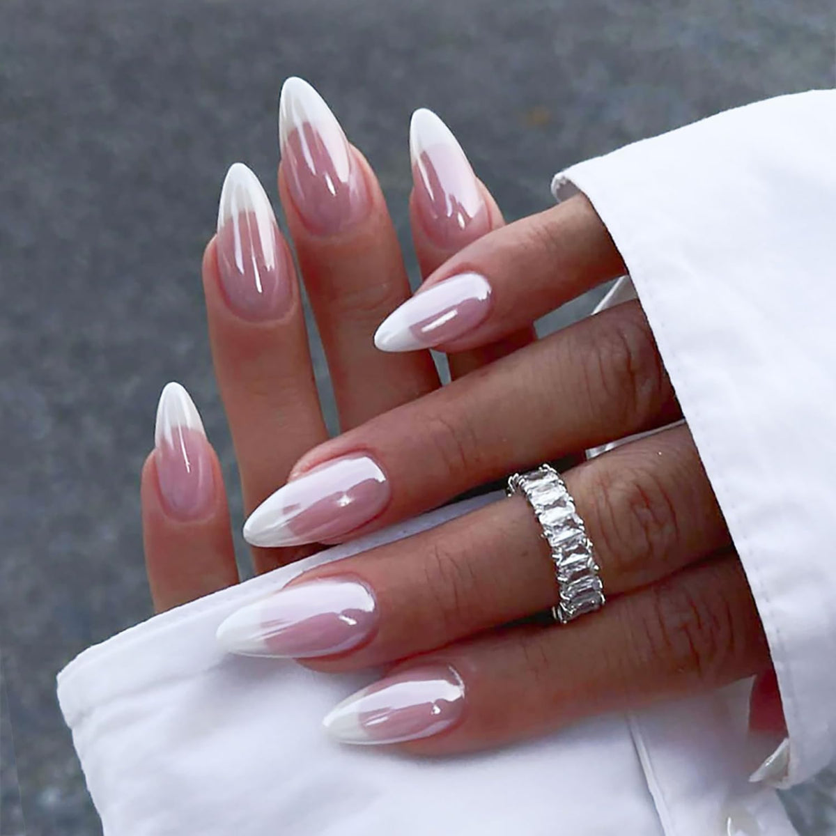 French Tip Press on Nails Short Square Flowers Fake Nails with Designs White French Tip Flowers Acrylic Nails Supply Glossy Artificial Nails Glue on Nails for Women Girls DIY Manicure 24 pcs