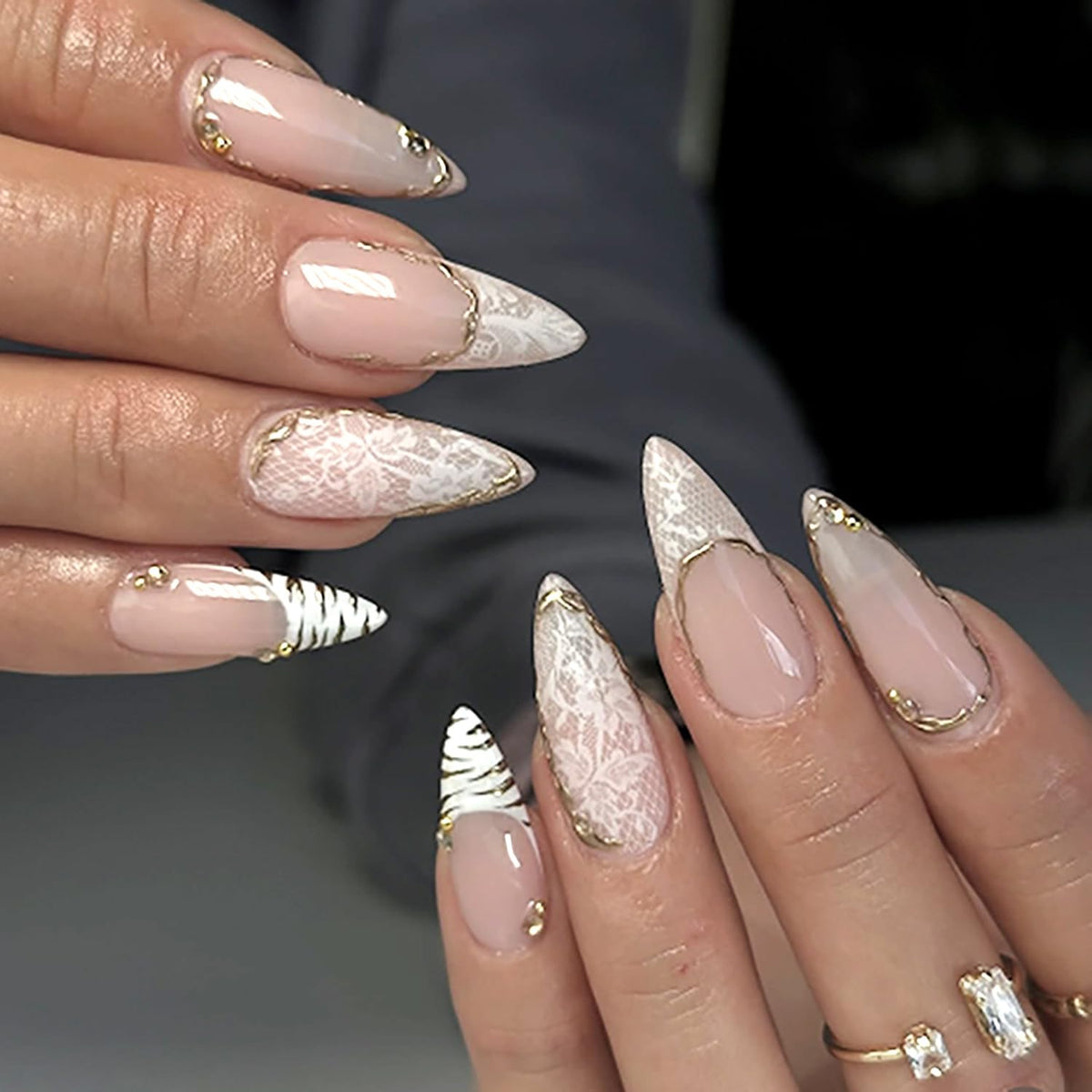 Black French Tip Press On Nails Almond Stiletto, Nude Glossy Fake Nails
