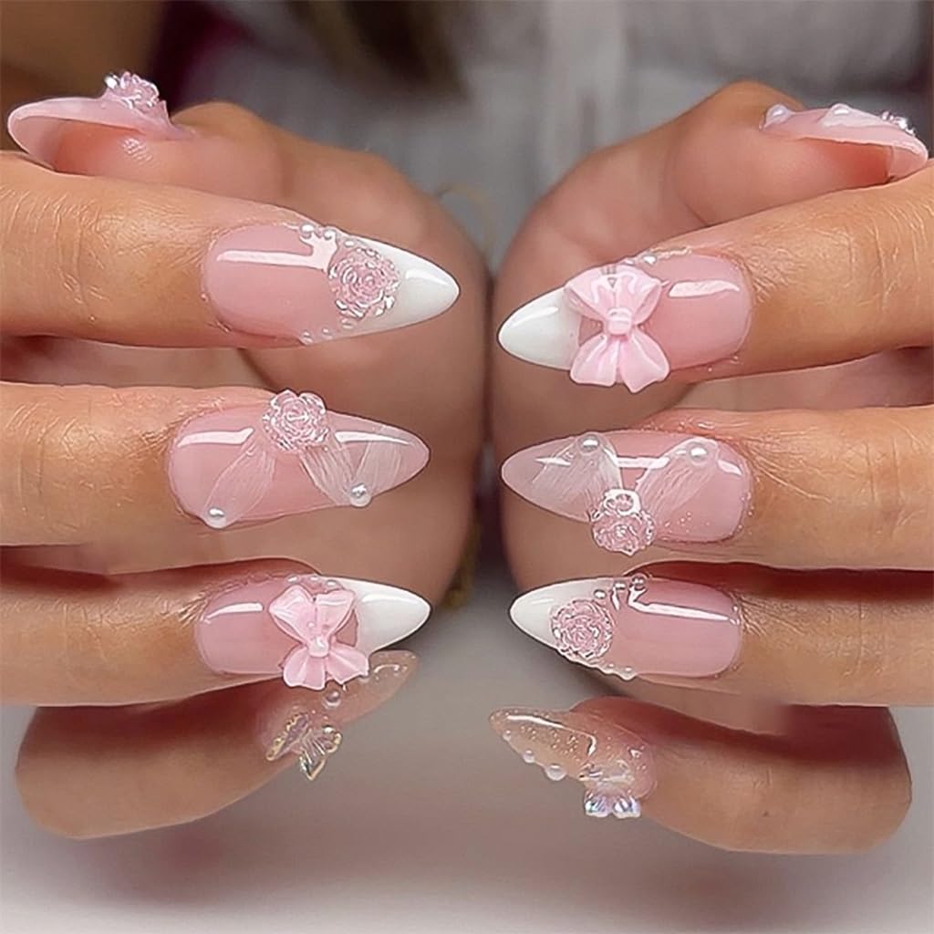 Almond Press on Nails Medium - Fall Fake Nails with Gold Line Design - White Full Cover Stick on False Nails - for Women 24 Pcs