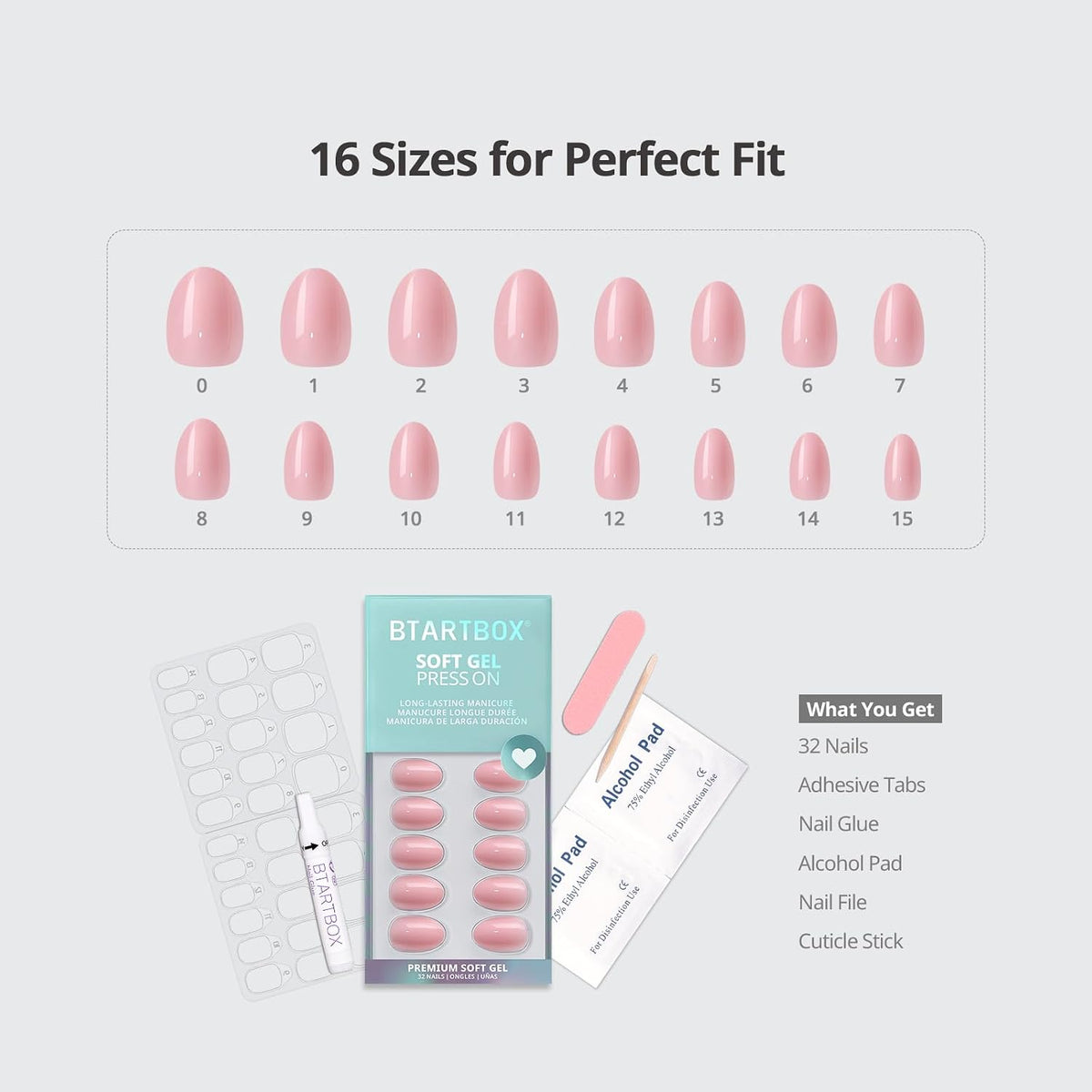 BTArtbox Press On Nails, Extra Short Almond Baby Pink Nails, 32Pcs Full Kit