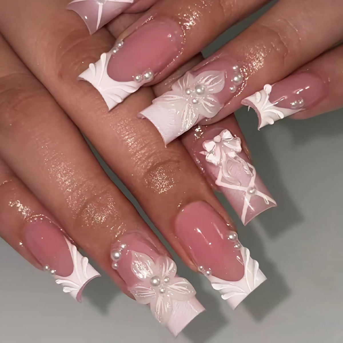 BABALAL Long Square Press on Nails - Blue Fake Nails, Luxury 3D Butterfly Gold Heart Charm Bling Design Full Cover Acrylic Nails Squoval Set 24Pcs