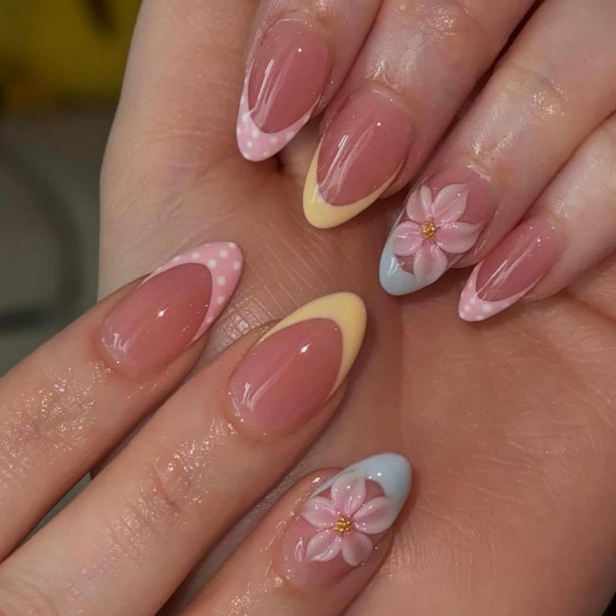 Medium Almond Pink 3D Twist French Tips Rhinestone Press On Nails