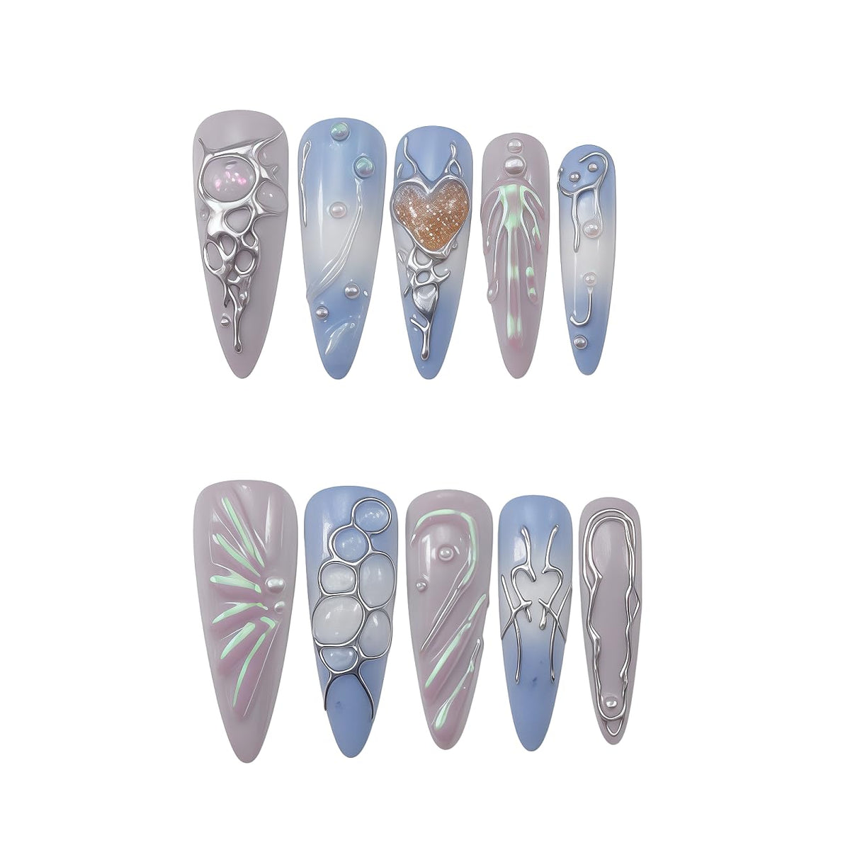 10pcs 3D Metallic Press on Nails Long Almond Handmade, Luxury Ornate Textured False Nails with Gold Silver Chrome Designs, Punk Style Studded Glue on Nails for Women, Gothic Avant-Garde Acrylic Nails
