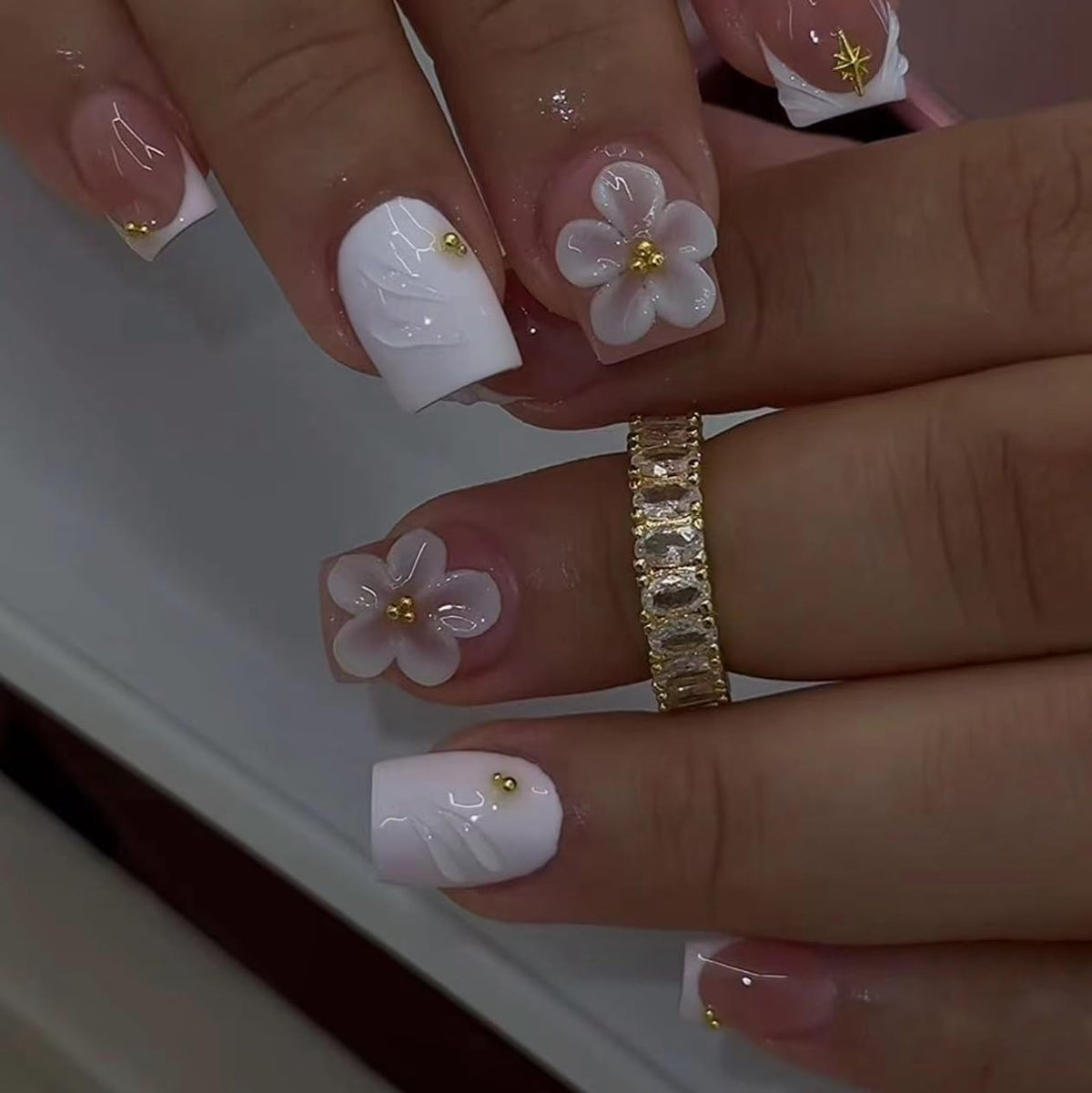 Short Square Press on Nails French Tip | Acrylic White Flower False Nails with Gold Rhinestones Design, Glossy Press Ons Stick on Glue on Nails for Women 24Pcs