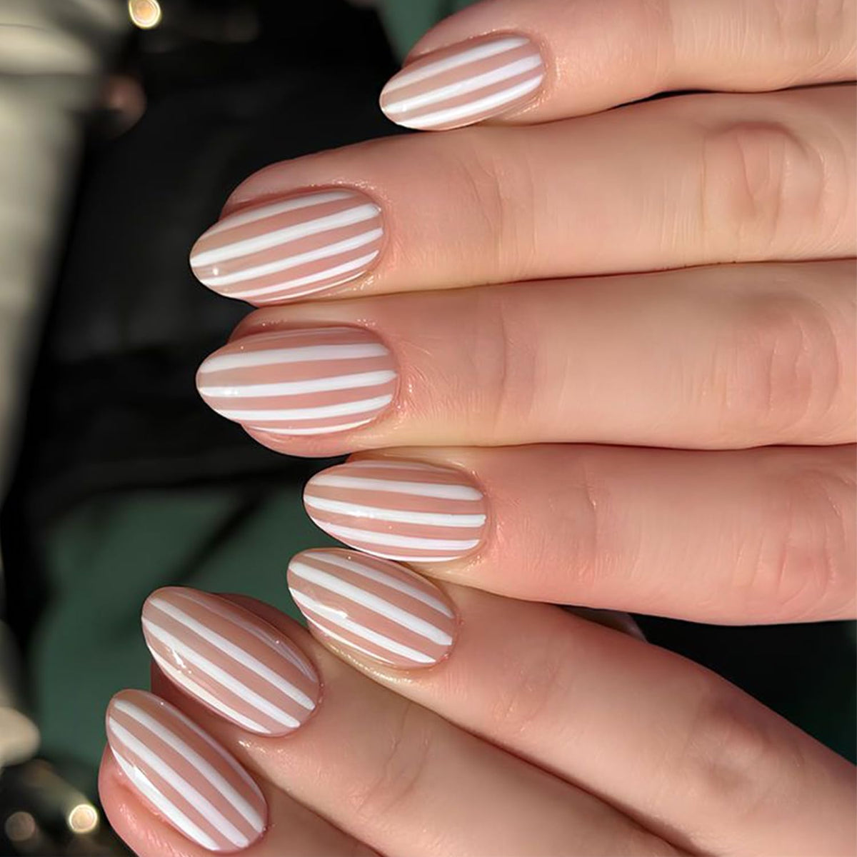 Black French Tip Press On Nails Almond Stiletto, Nude Glossy Fake Nails