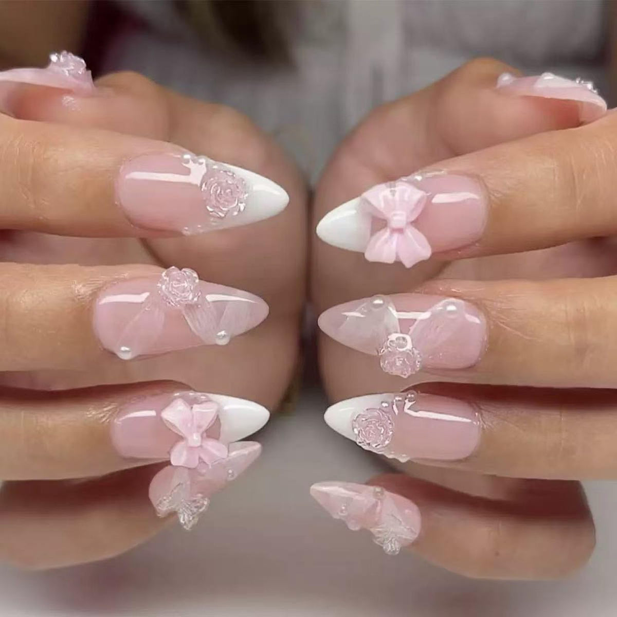 Spring Press on Nails Almond Medium Fake Nails with White Flower Designs French Tip Nails Press ons Light Green False Nails Glossy Glue on Nails Acrylic Nails Nude Stick on Nails for Women 24Pcs