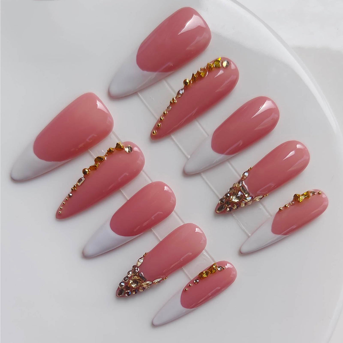 Handmade Press on Acrylic Nails, Almond Long Press Ons with Purple & Nude 3D Swirl Design, Rhinestone & Polka Dot Accents, Stiletto Glue on False Nails Y2K M Size -Gleamrain Design 801
