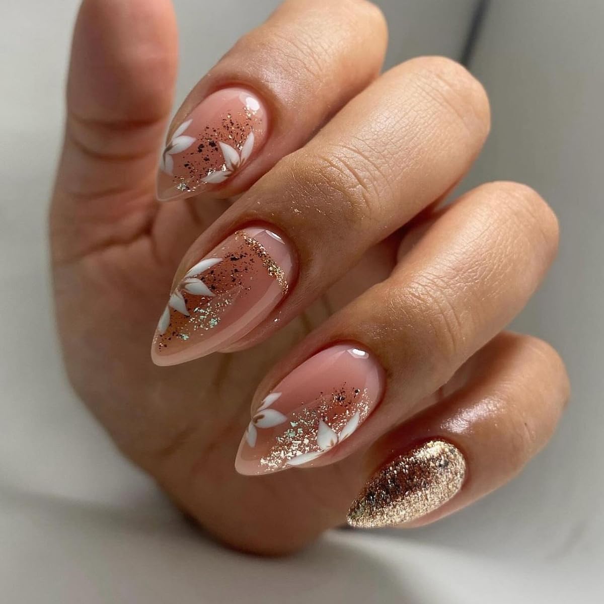 Almond Press on Nails Medium - Fall Fake Nails with Gold Line Design - White Full Cover Stick on False Nails - for Women 24 Pcs