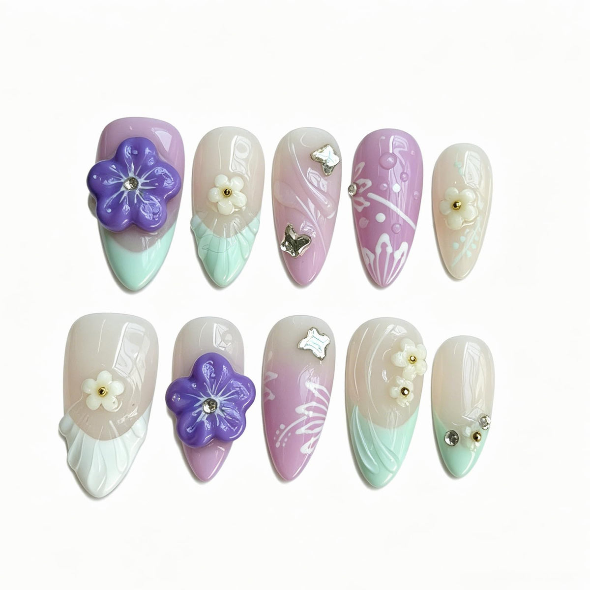 Handmade Press On Nails – Short Almond False Nails for Women, Reusable Acrylic White French Tip with Pearl & 3D Flowers Design – Salon Quality Fake Nails (10PCS Size S)