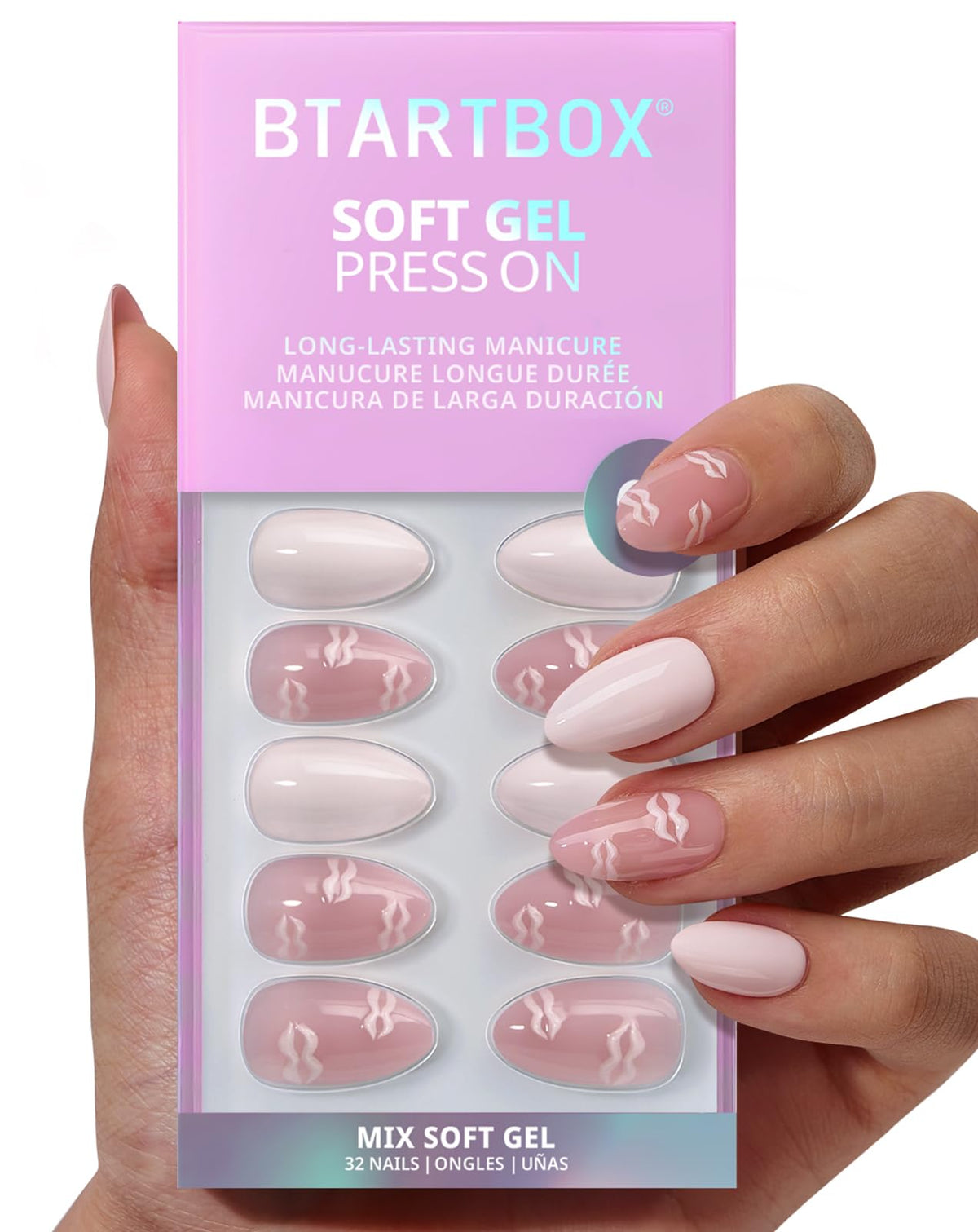 BTArtbox Press On Nails, Extra Short Almond Baby Pink Nails, 32Pcs Full Kit