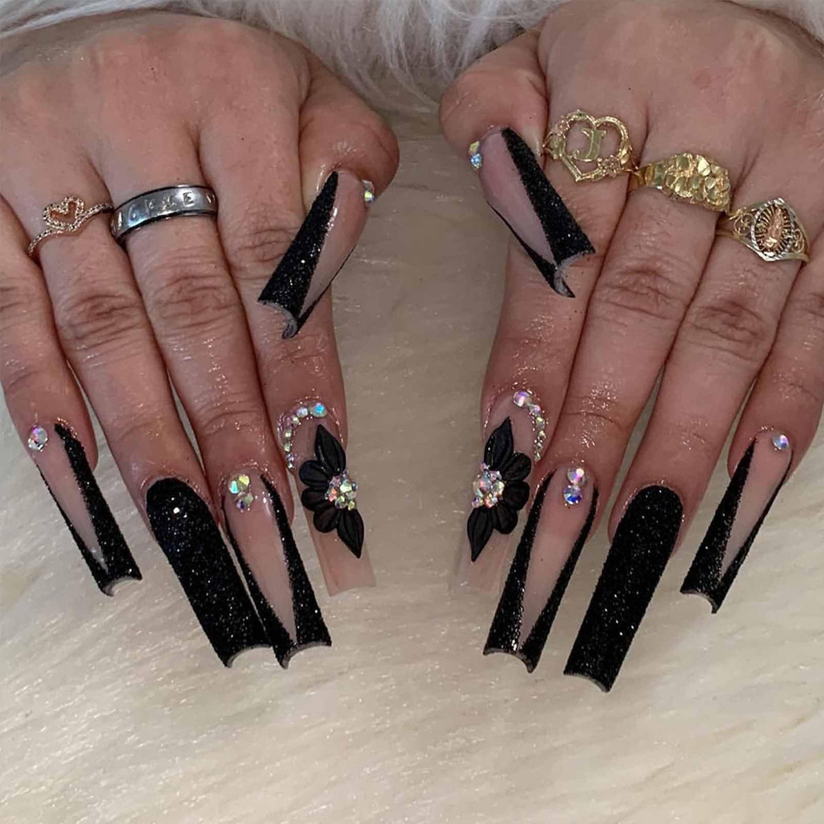 IMSOHOT Luxury Handmade Press on Nails Long Square Fake Nails with 3D Flower Designs Glossy Blue French Tips False Nails Full Cover Acrylic Glue Stick on Nails for Women