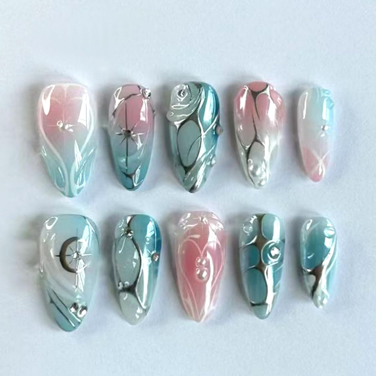 30Pcs Gold Star Moon Press on Nails Long Stiletto French Tip Fake Nails Press on 3D Chrome Gold Design Sun False Nails Irregular Gilded Lines Full Cover Purple Glossy Artificial Acrylic Nail for Women