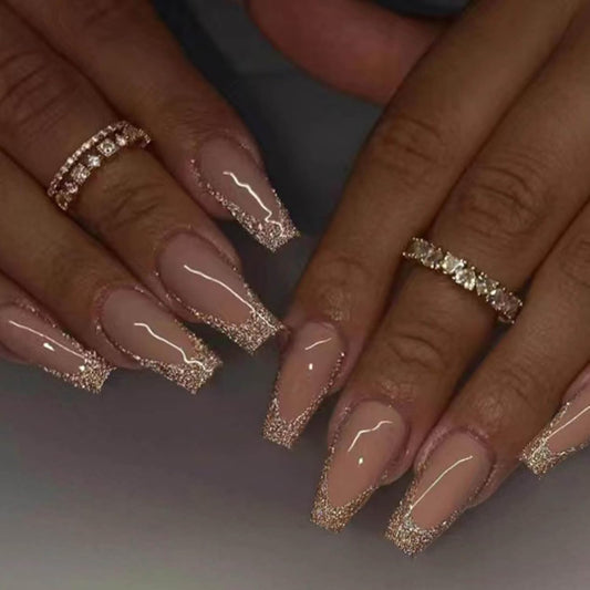 Long Press on Nails Square French Fake Nails Full Cover Nude Acrylic False Nails for Women and Girls 24PCS (Gold Shiny)
