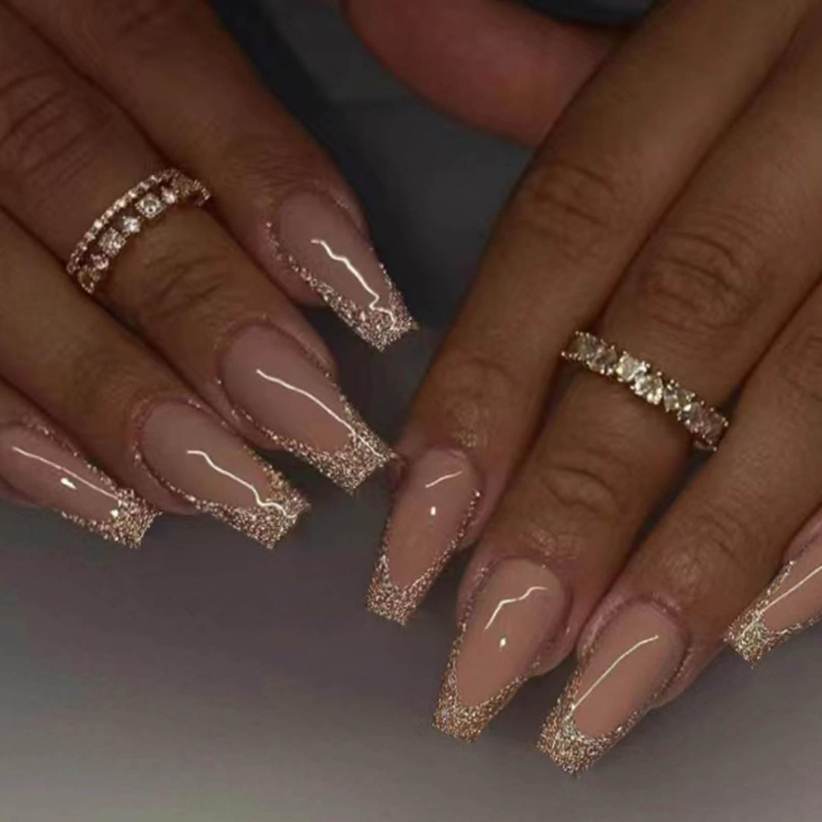 Long Press on Nails Square French Fake Nails Full Cover Nude Acrylic False Nails for Women and Girls 24PCS (Gold Shiny)