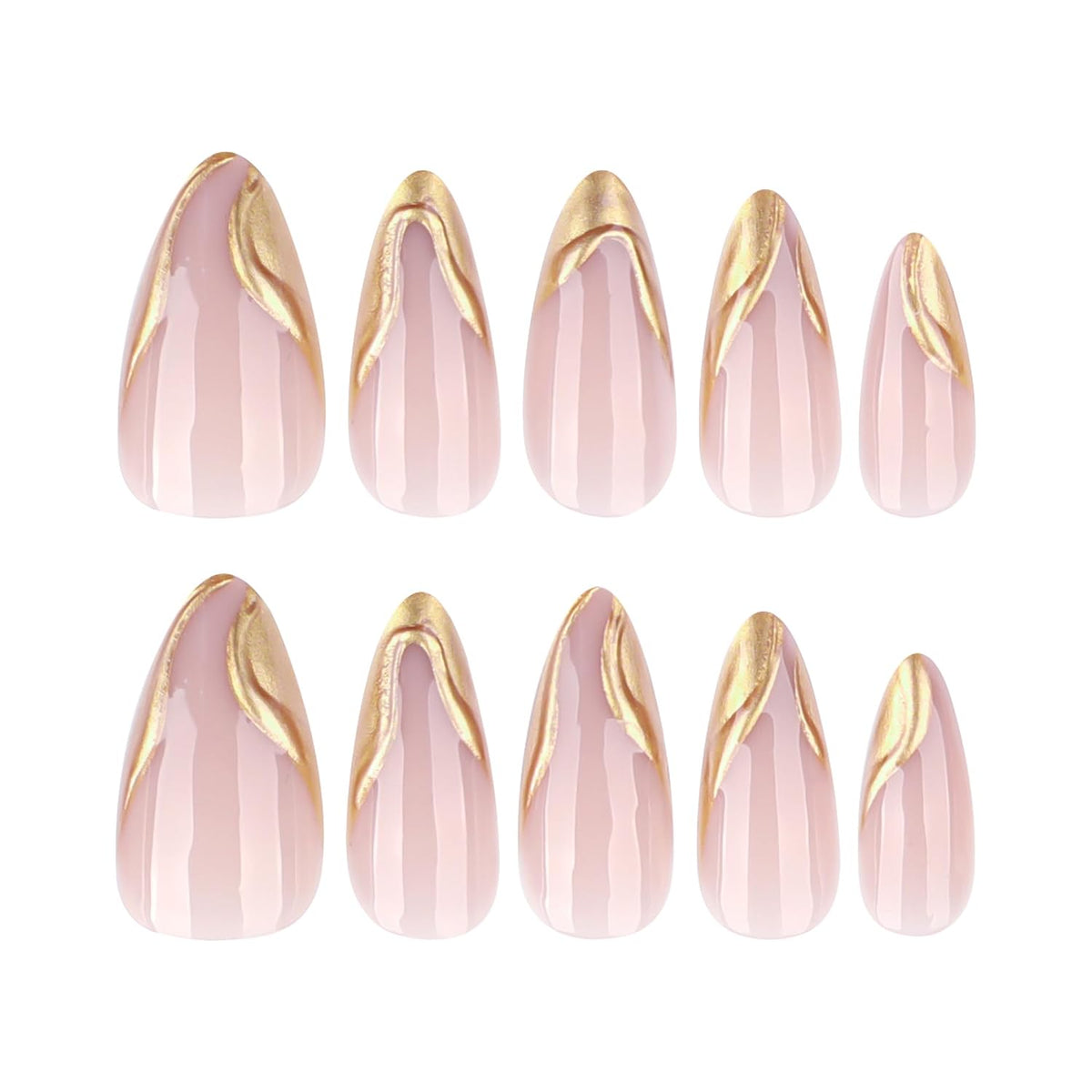 Minimal Luxury Gold Wave Press On Nails Medium Almond, PUNSOKO Nude Pink Fake Nails with 3D Gold Chrome French Tips, Long Lasting Reusable 24 PCS Acrylic Nails Kit for Women Daily Wear