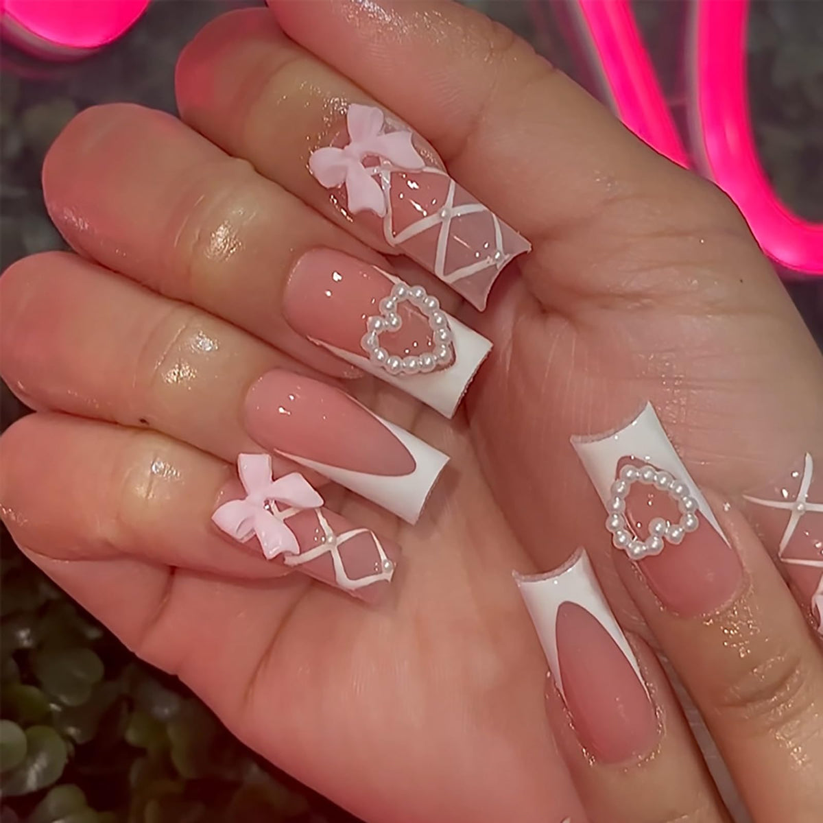 24Pcs Long Square Nude Pink White Nails Press ons Pearl Gold Flower Fake Nails Elegant False Nails Bridal Nails Glue on Luxurious Stick on Nails Casual Work for Girl Women Wedding Formal Occasions