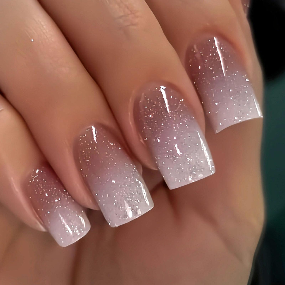 Medium Press on Nails Square White French Tip False Nails with Glitter Design Cute Fake Nails Light Pink Full Cover Nails Press ons Glossy Glue on Nails for Girls and Women 24Pcs