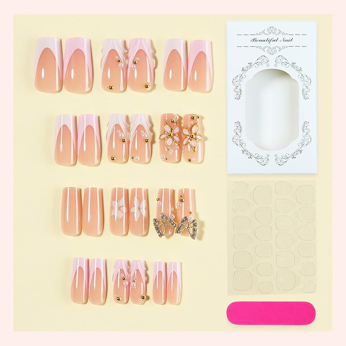 Press on Nails Long Square - 3D Flower Fake Nails with Pearls Design, Luxury Gold Chrome Butterfly French Tip Baroque Baddie False Nails for Women, 24 Pcs