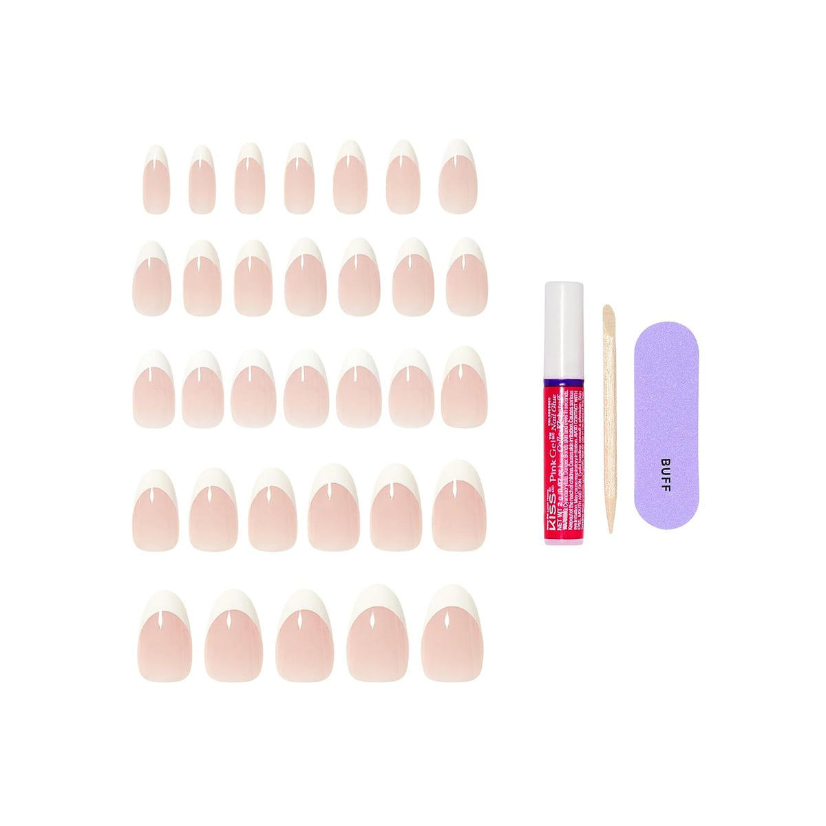 Kiss Core, Press On Nails, Nail glue included, 'Curiosity', White, Medium Size, Almond Shape, Includes 32 Nails, 2g Glue, 1 Manicure Stick, 1 Mini File
