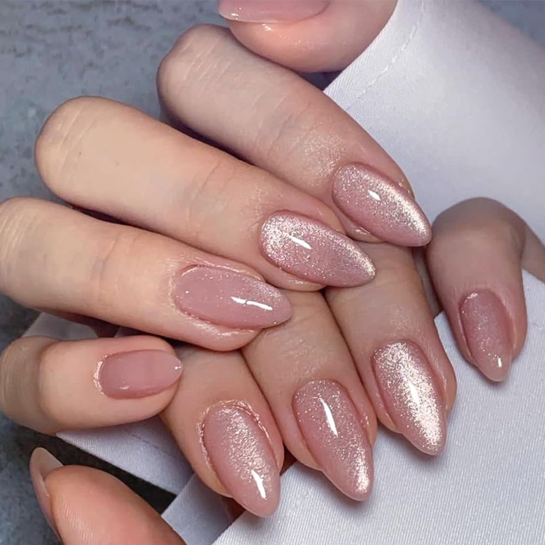 Ombre White Almond Press on Nails Short Medium Pink Fake Nails with Rhinestone Bling Designs Glitter Manicure Fake Nails False Nails for Wedding Fantasy Acrylic stick on nail for Women