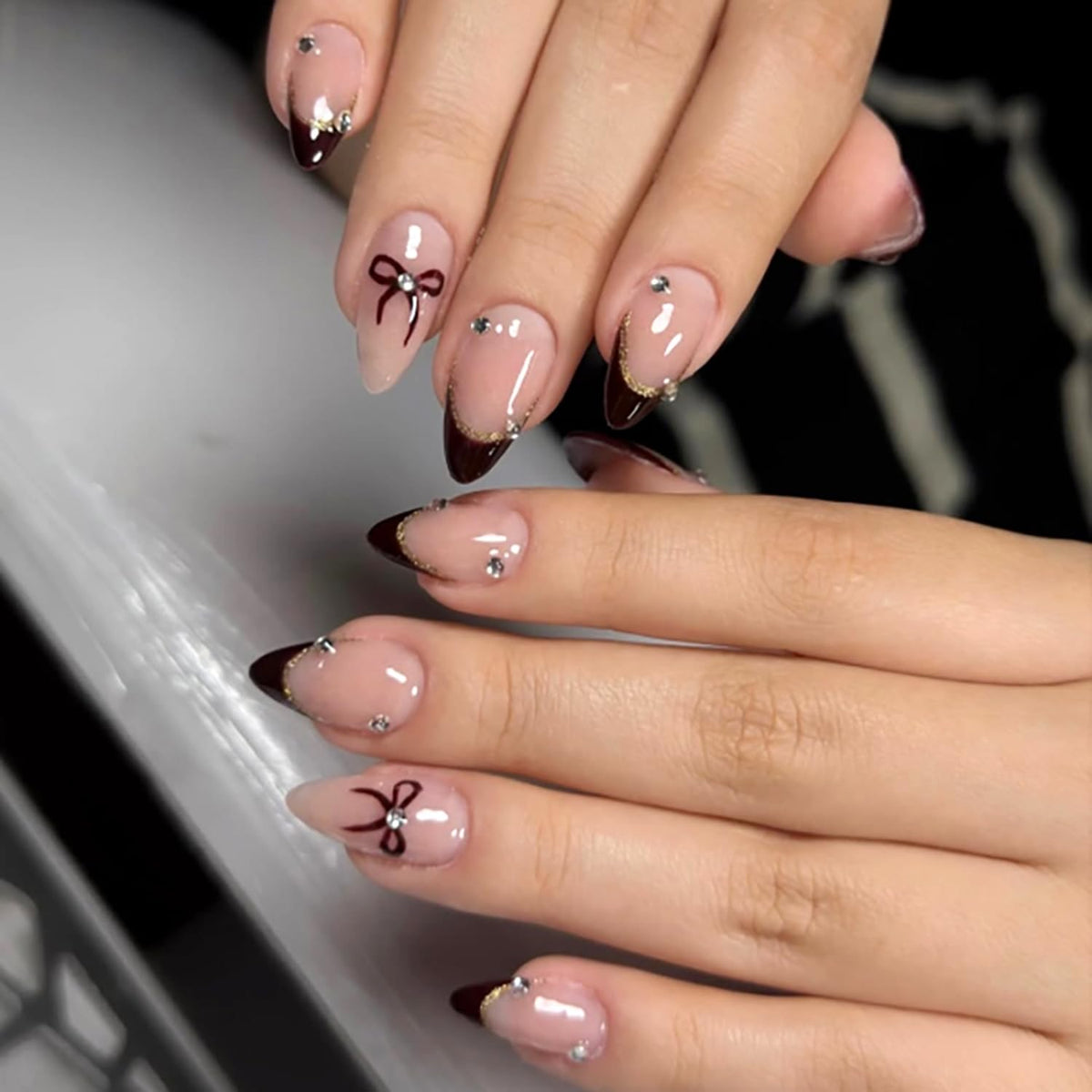Black French Tip Press On Nails Almond Stiletto, Nude Glossy Fake Nails