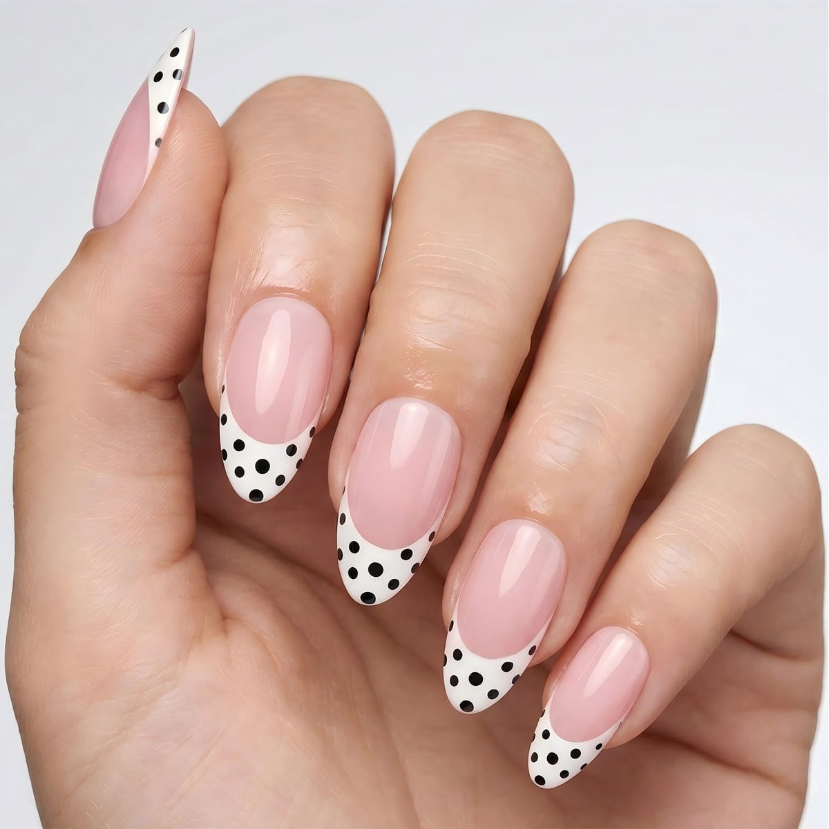 Glossy Nude Gold French Tip Press On Nails Short Almond, 30 PCS