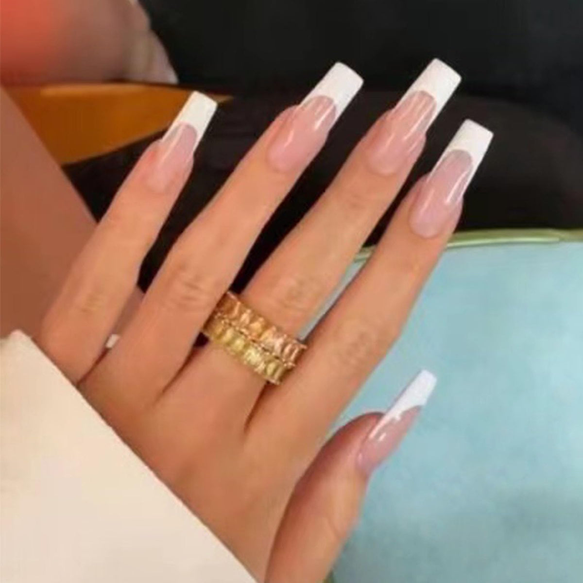 Long Press on Nails Square French Fake Nails Full Cover Nude Acrylic False Nails for Women and Girls 24PCS (Gold Shiny)