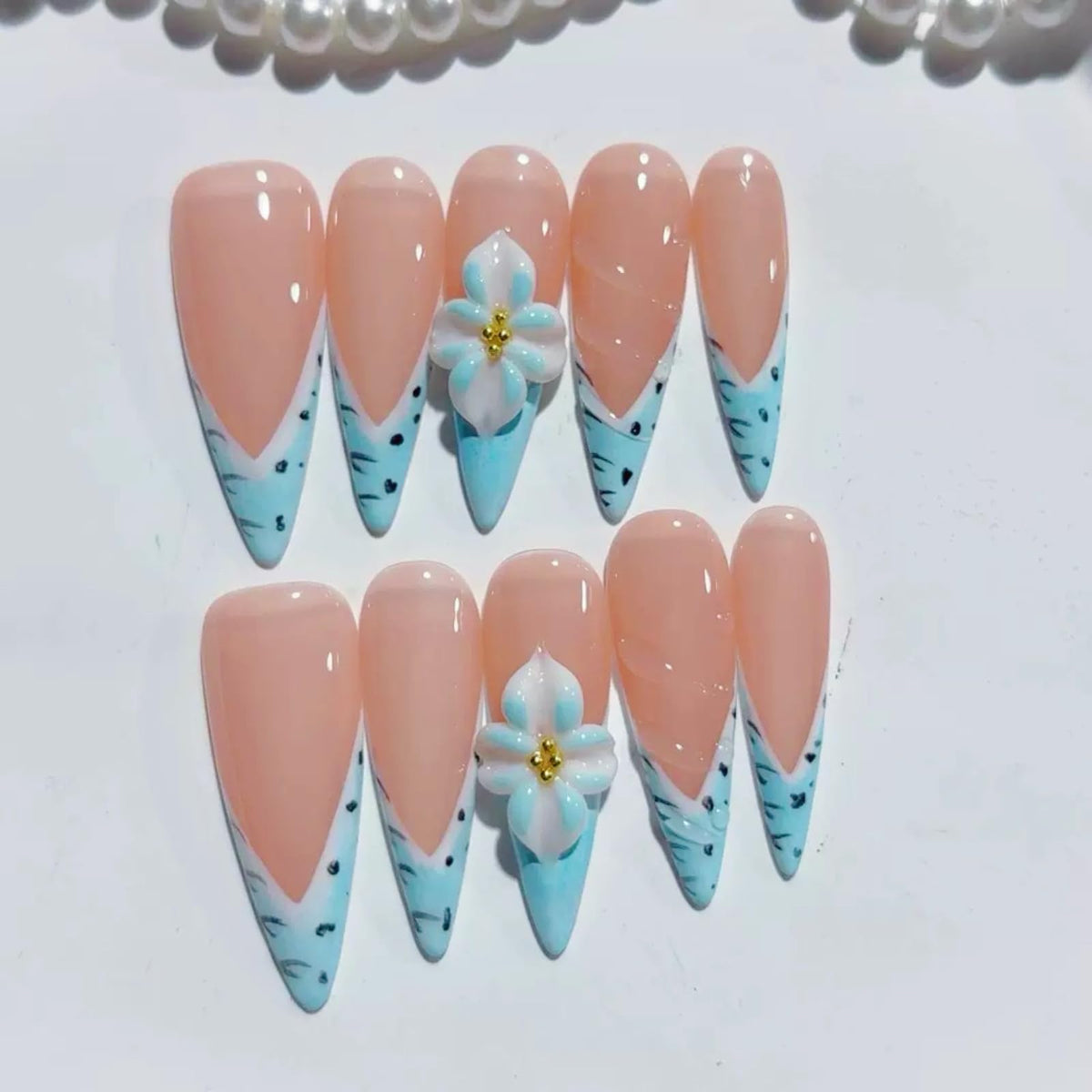 Long Stiletto Press On Nails, Handmade Nude White French False Nails with Gold Rhinestone Decor, Reusable Salon Grade Fake Nails Easy to Wear, 10Pcs M Size for Women