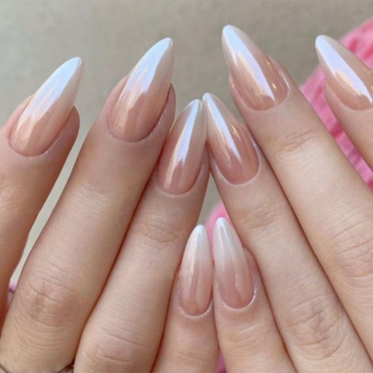 Press On Nails Almond Fake Nails French Tip False Nails Press ons Medium Glue on Nails with Chrome Design for Women Stick on Nail 24Pcs