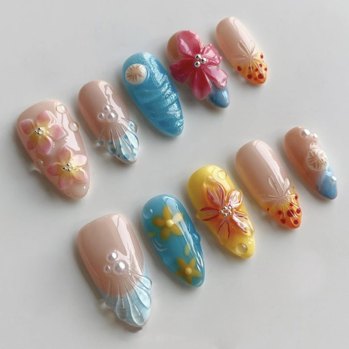 Green Press on Nails Medium Almond Fake Nails with 3D Pearl Rhinestones Designs Gold French Tips Flower Acrylic Nails False Nails White Floral Full Cover Glossy Stick on Nails for Women 24Pcs