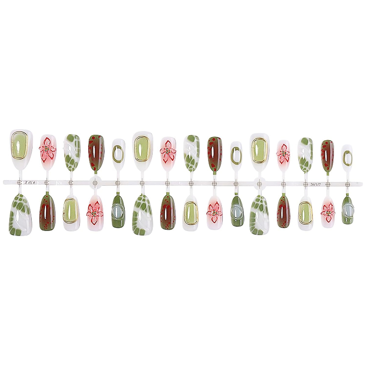 Press on Nails Medium Almond - 3D Red Hibiscus Flower Olive Green Fake Nails, Jade Agate Retro Stick on False Nails for Women & Girls, 30 Pcs