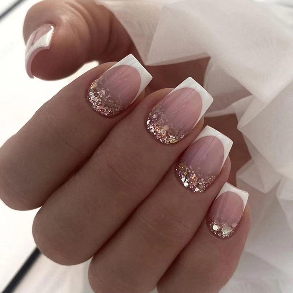 Short Press on Nails Square Nude Ombre Fake Nails Press ons White Glue Stick on Nails with Designs Full Cover Acrylic Glossy Artificial Cute False Nail for Women Girls 24 Pcs